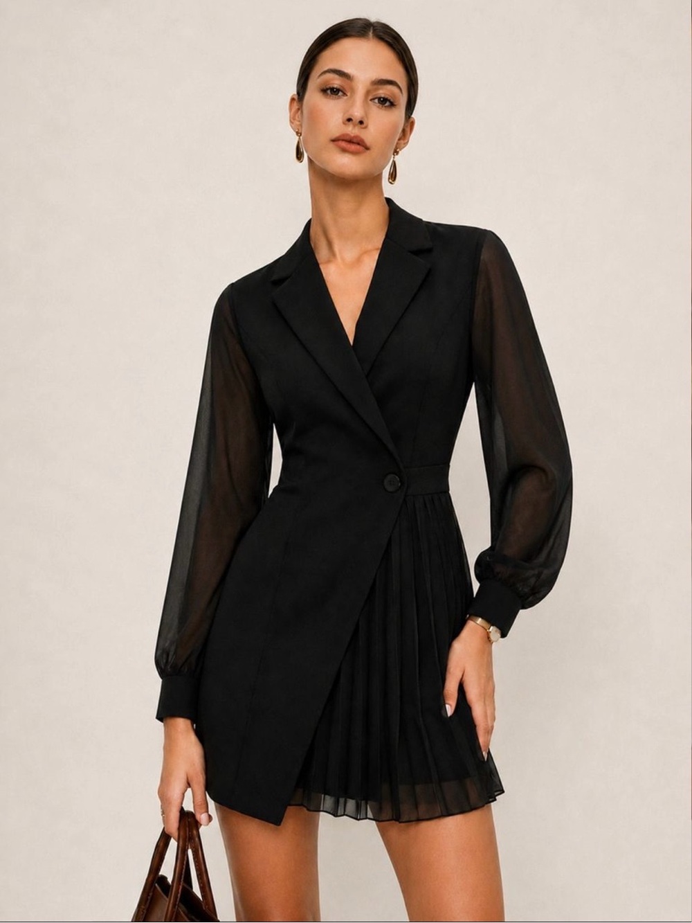 Commense Black Sheer-Sleeve Blazer Mini Dress